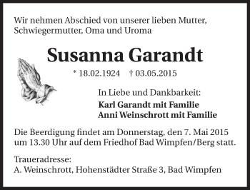 Traueranzeige von Susanna Garandt 