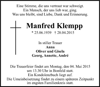 Traueranzeige von Manfred Klempp 