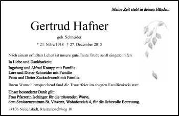 Traueranzeige von Gertrud Hafner 