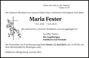 Traueranzeige von Maria Fester 