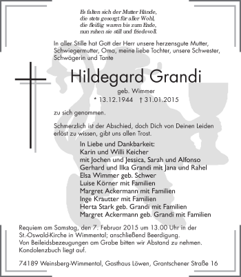 Traueranzeige von Hildegard Grandi 
