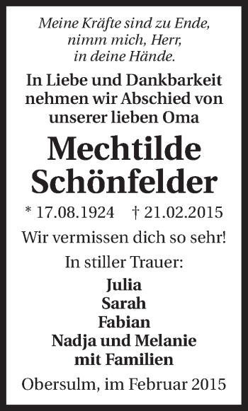 Traueranzeige von Mechthilde Schönfelder 