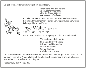 Traueranzeige von Inge Walter 