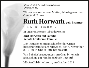 Traueranzeige von Ruth Horwarth 