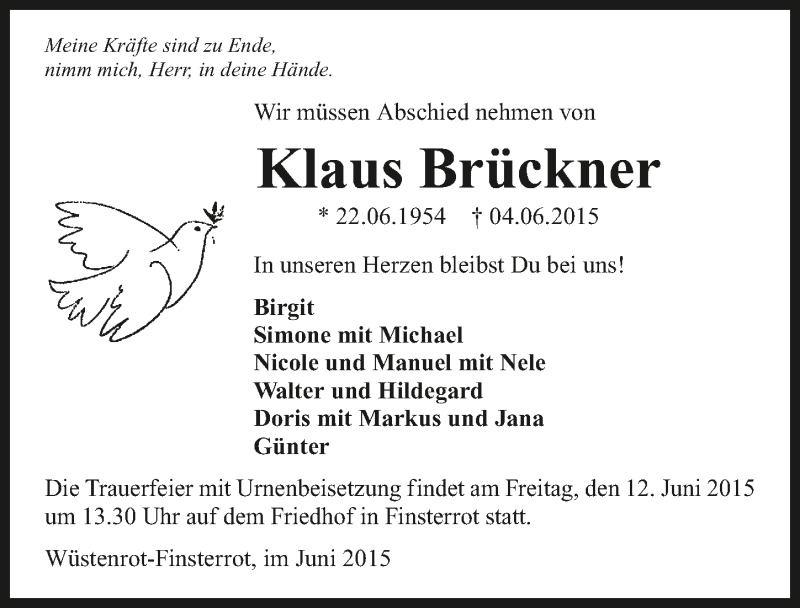  Traueranzeige für Klaus Brückner vom 10.06.2015 aus 