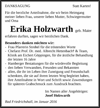 Traueranzeige von Erika Holzwarth 