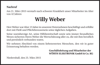 Traueranzeige von Willy Weber 