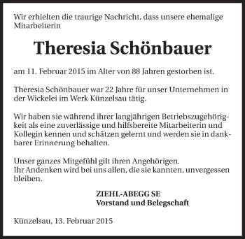 Traueranzeige von Theresia Schönbauer 