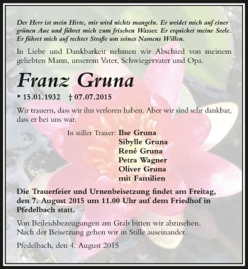 Traueranzeige von Franz Gruna 