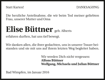 Traueranzeige von Elise Büttner 