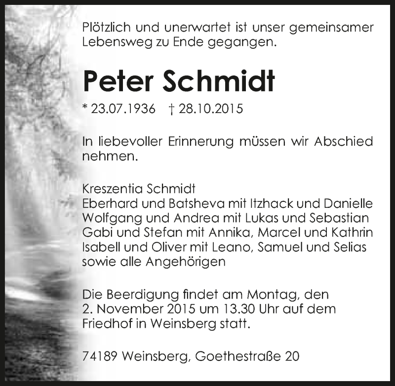  Traueranzeige für Peter Schmidt vom 30.10.2015 aus 