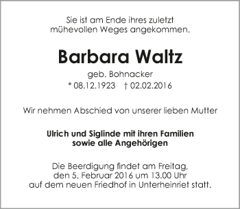 Traueranzeige von Barbara Waltz 