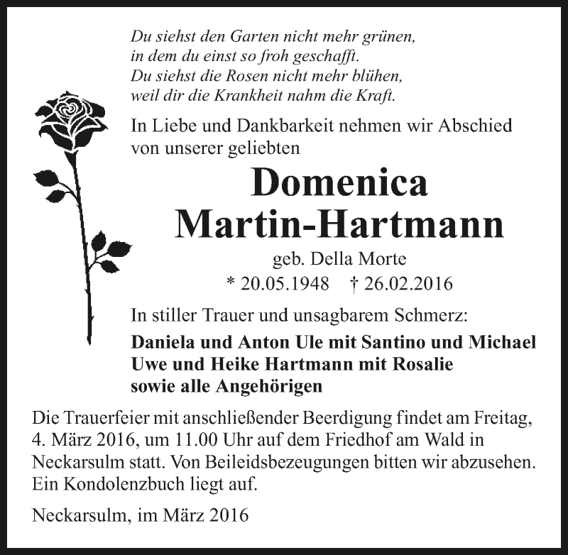  Traueranzeige für Domenica Martin-Hartmann vom 02.03.2016 aus 