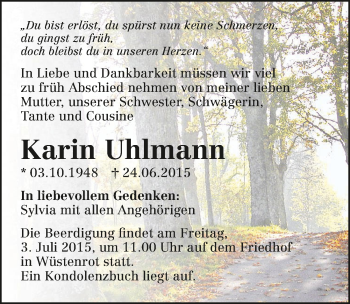 Traueranzeige von Karin Uhlmann 