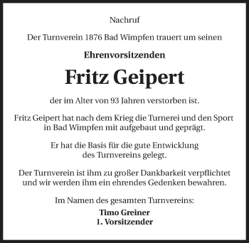 Traueranzeige von Fritz Geipert 