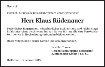 Traueranzeige von Klaus Rüdenauer 