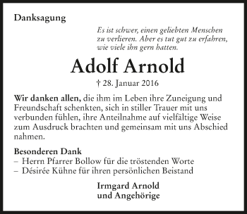 Traueranzeige von Adolf Arnold 