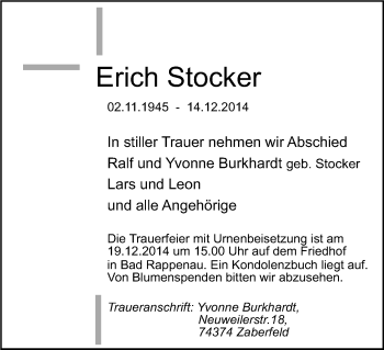 Traueranzeige von Erich Stocker 