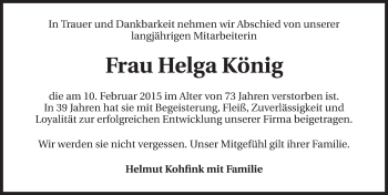 Traueranzeige von Helga König 