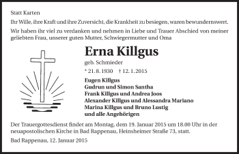 Traueranzeige von Erna Killgus 