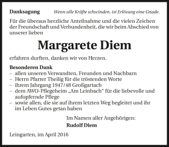 Traueranzeige von Margarete Diem 