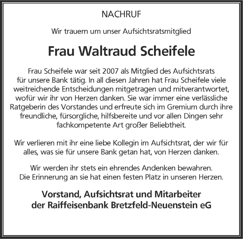  Traueranzeige für Waltraud Scheifele vom 09.02.2016 aus 