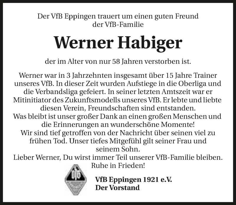  Traueranzeige für Werner Habiger vom 07.03.2016 aus 