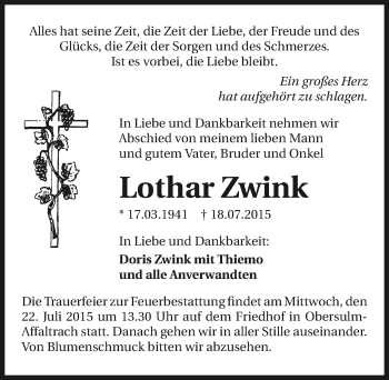 Traueranzeige von Lothar Zwink 