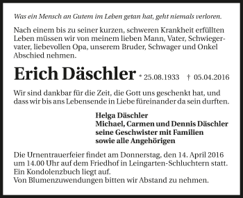 Traueranzeige von Erich Däschler 