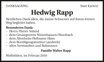 Traueranzeige von Hedwig Rapp 