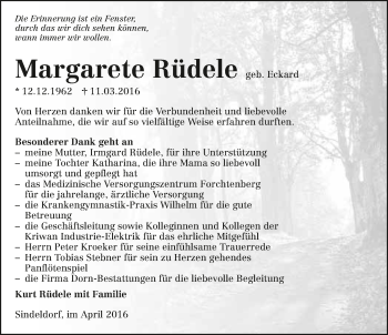 Traueranzeige von Margarete Rüdele 