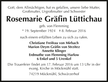 Traueranzeige von Rosemarie Gräfin Lüttichau 