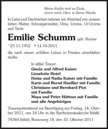 Traueranzeige von Emilie Schumm 