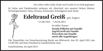 Traueranzeige von Edeltraud Greiß 