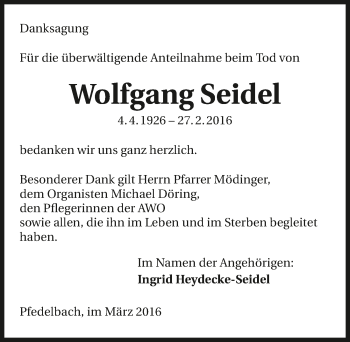 Traueranzeige von Wolfgang Seidel 