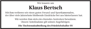 Traueranzeige von Klaus Bertsch 