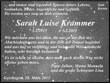 Traueranzeige von Sarah Luise Krammer 