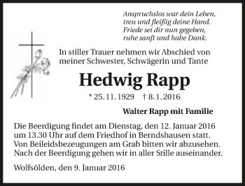 Traueranzeige von Hedwig Rapp 