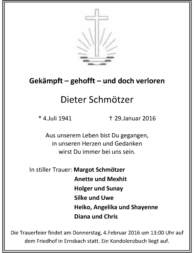  Traueranzeige für Dieter Schmötzer vom 02.02.2016 aus 
