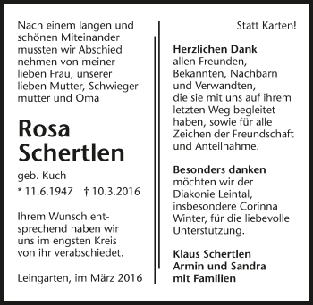 Traueranzeige von Rosa Schertlen 