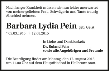 Traueranzeige von Barbara Lydia Pein 