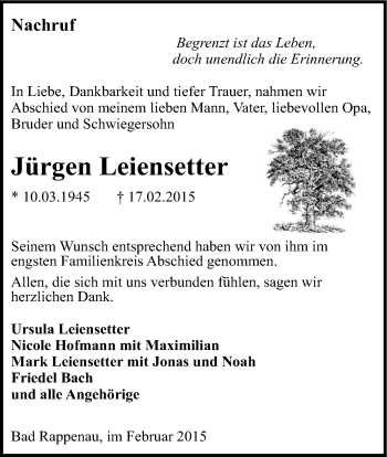 Traueranzeige von Jürgen Leiensetter 