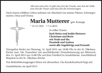 Traueranzeige von Maria Mutterer 