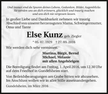 Traueranzeige von Else Kunz 