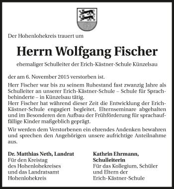 Traueranzeige von Wolfgang Fischer 