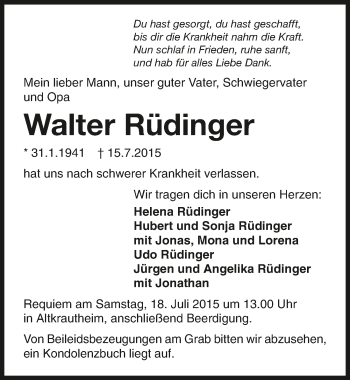 Traueranzeige von Walter Rüdinger 
