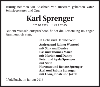 Traueranzeige von Karl Sprenger 