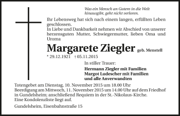 Traueranzeige von Margarete Ziegler 