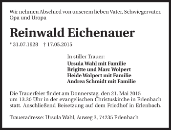 Traueranzeige von Reinwald Eichenauer 