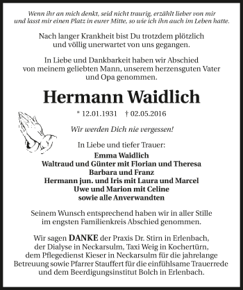 Traueranzeige von Hermann Waidlich 